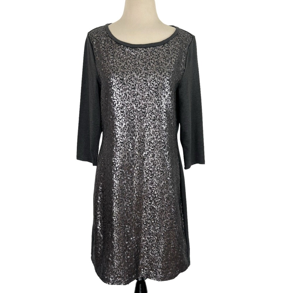 OLD NAVY Sequin DRESS Silver Gray Knit Medium Tunic Party Holiday Glam Showgirl